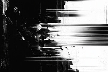 Abstract distorted black white motion glitch overlay effect distress texture. Monochrome interlaced digital background