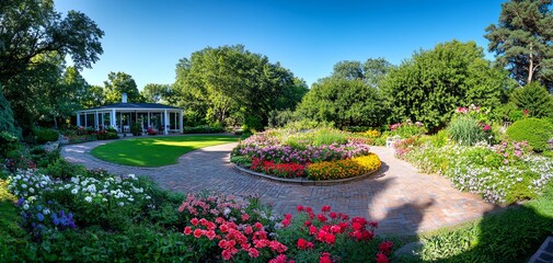 Obraz premium Vibrant summer garden bursting with colorful wildflowers and lush greenery. Sunny day, idyllic backyard scene.