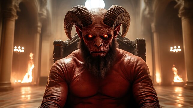 Powerful demonic figure on throne in fiery hall. - Powered by Adobe