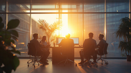 Blurred business people meeting in office interior with space for business brainstorming background design
