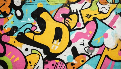 Vibrant, colorful graffiti art on a textured wall.  Abstract shapes and cartoonish figures create a playful, energetic design. Perfect for backgrounds and urban-themed projects.