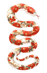Obraz premium Simple red gold snake with floral ornament on skin in Chinese art style. Asian New Year 2025 isolated clipart