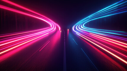 Abstract blurred light speed motion of a road in a night city, a futuristic concept background for technology and science