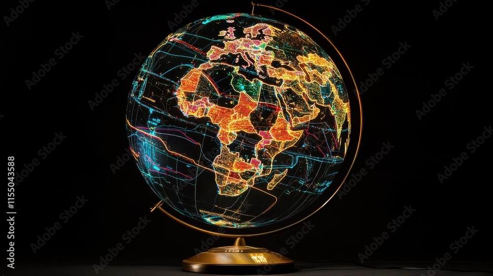 Wall mural illuminated globe with colorful network lines on black background