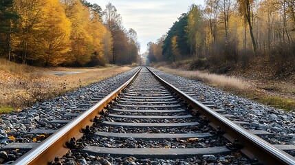 Autumn Forest Railway Tracks. Concept of journey, travel, and nature.