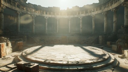 Sunlit circular ancient ruins with columns and tiered seating.