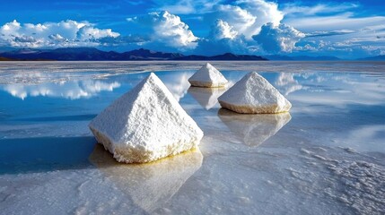 Ethereal Salt Flat Mirrored Surface Under Dramatic Cloudy Sky Reflecting Peaceful Tranquil Landscape