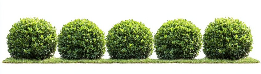 Five round green shrubs in a row on grass, isolated on white.