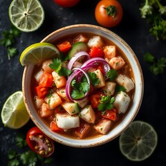 Ceviche, a Peruvian dish, features raw fish marinated in citrus juice with onions, cilantro, and chili peppers