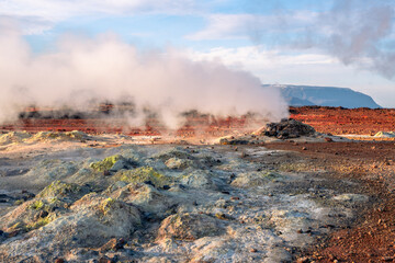 Hverir, known locally as Hverarönd, is a striking geothermal site near Lake Mývatn and Krafla in the northeast of Iceland, Europe