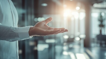 A man in white shirt extends his hand in a gesture of wanting to help or assist, blurred focus on his hand and body, modern office interior with glass walls