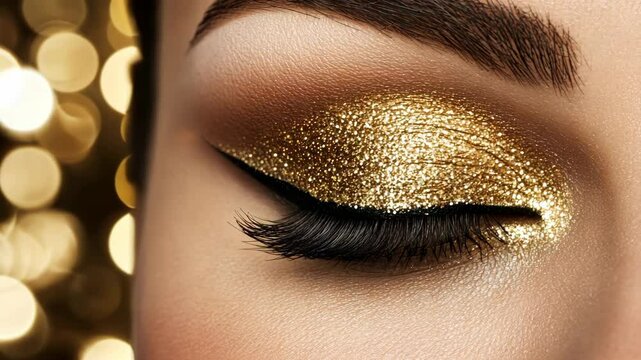 Stunning close-up of shimmering gold eye makeup with dramatic eyeliner and lashes enhancing beauty during a glamorous event