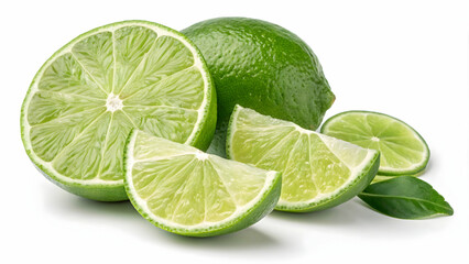 Fresh Limes with Slices and Leaves on White Background