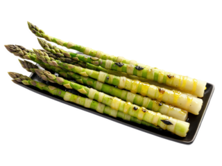 Grilled asparagus spears with charred tips and lemon wedges, vibrant green stalks, beads of olive oil, black grill marks
