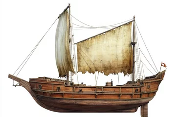 Aged wooden sailing ship with tattered sails, isolated on white background.