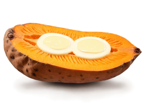 Baked sweet potato with fluffy orange flesh, pat of butter melting on top, wisps of steam, warm earthy tones