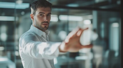 A man in white shirt extends his hand in a gesture of wanting to help or assist, blurred focus on his hand and body, modern office interior with glass walls