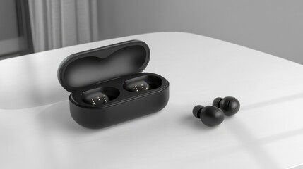 Elegant Black Wireless Earbuds and Charging Case on a Minimalist Table