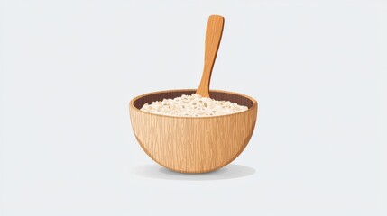 Wooden Bowl Filled With Uncooked Rice And Wooden Spoon On Neutral Background