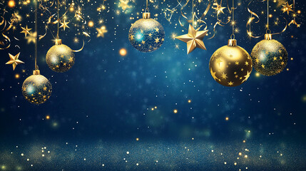 Fototapeta premium Golden and blue Baubles and Stars Hanging Against a Glittering Blue Background