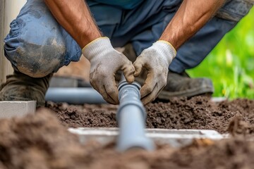Close-up of a plumber in gloves connecting a drainage pipe outdoors, working on underground plumbing installation or repair