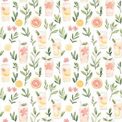 Spring seamless watercolor pattern of refreshing drinks and citrus fruits cheerful vibe light background