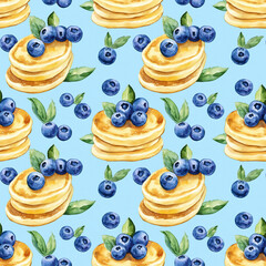 Spring seamless pattern watercolor pancakes with blueberries kitchen art design bright and cheerful aesthetic