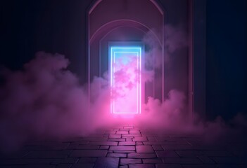 Naklejka premium 3d render. Abstract neon background of pink blue cloud and glowing ring, isolated on black. Round linear frame. Spiritual minimalist wallpaper 