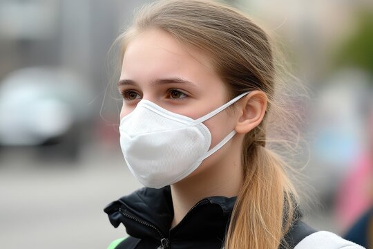 Young woman wearing a white protective face mask while walking outside, focusing on health and safety precautions