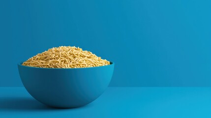 Pile of Unprocessed Wheat Grains or Oats in Blue Bowl on Solid Background