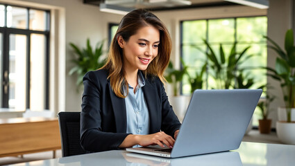 Businesswoman at Work: Confident Woman Using Laptop in Office