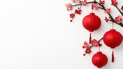 Fototapeta premium Decorative red lanterns with cherry blossoms on a white background.