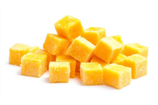 Frozen mango cubes isolated on white.