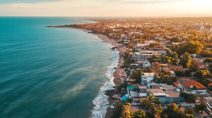 Aerial view of coastal town at sunset