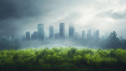 Urban Skyline with Natural Green Spaces Under Overcast Skies