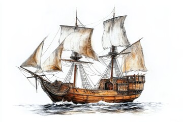 A detailed illustration of a historic sailing ship with full sails,  floating on calm water against a white background.