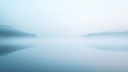 Obraz premium Tranquil Mist Over Calm Water Surrounded by Gentle Hills at Dawn