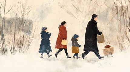 A family walks through a snowy winter landscape.