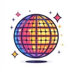 Cartoon disco ball with vibrant colors and sparkling effects.