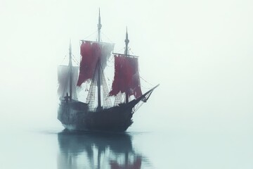 A ghostly galleon with crimson sails floats on a misty sea.