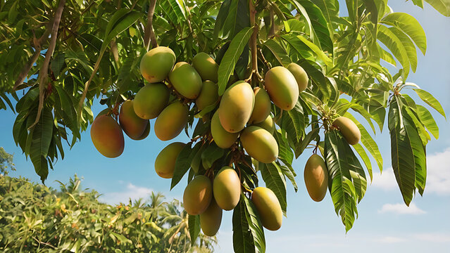 Lush Mango Tree with Ripe Fruits on a Sunny Day.
