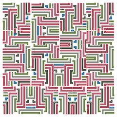 A complex seamless multicolored square maze on a black background with a red border, a square pattern displaying a series of red, green, and blue stripes, arranged in a visually striking manner.