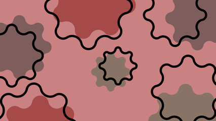 Abstract illustration with wavy organic shaped patterns, using a combination of pink, red, brown, and gray with thick black lines surrounding the shapes. This design creates a modern and dynamic impre
