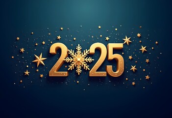Happy New Year 2025- Vector New Year background with gold clock on shining dark background. Christmas Greeting Card and Happy New Year Invitation with Shining Snowflakes. Vector illustration

