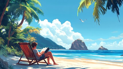 A person reading a book while lounging on a beach chair by the ocean