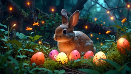 A bunny hiding eggs in a mystical forest with glowing flowers, holiday promo poster Easter sale banner background, vibrant colors, romantic love and harmony