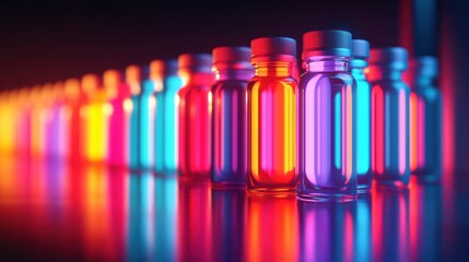 Vibrant Array of Colorful Pills Displayed in a Neat Row Against a Simple Background Highlighting Their Vivid Colors and Varied Shapes and Sizes