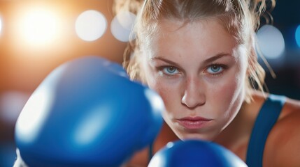 Focused athlete prepares for a boxing match in a training facility during evening hours with dramatic lighting.