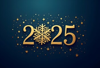 Happy New Year 2025- Vector New Year background with gold clock on shining dark background. Christmas Greeting Card and Happy New Year Invitation with Shining Snowflakes. Vector illustration
