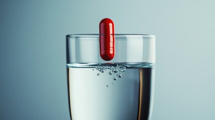 A Red Pill Submerged in Clear Water Inside a Transparent Glass Creating a Unique Visual Contrast and Evoking Curiosity About Health and Wellness